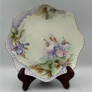 Vintage Bavarian Hand Painted Porcelain Plate Scalloped Edge with Gold Trim